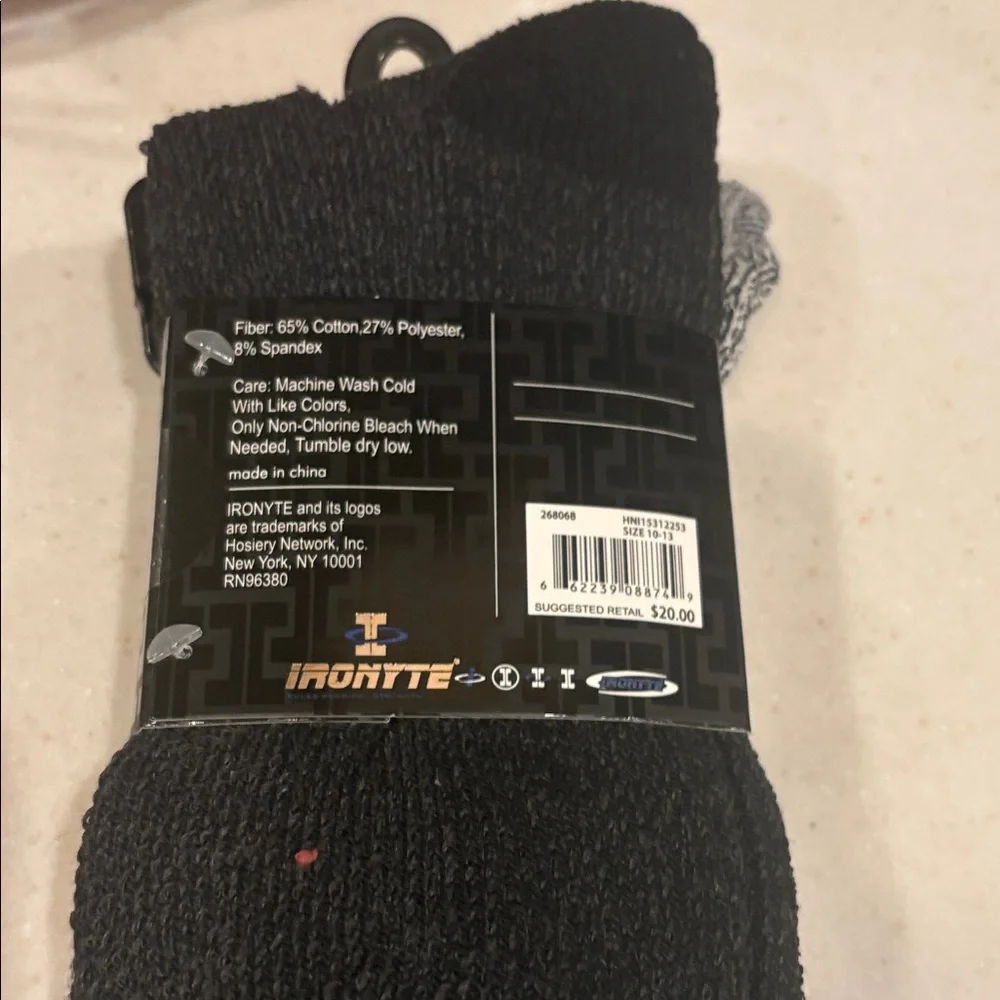 Ironyte Full‎ Cushion Crew Socks Mens 6-12 Black Grey NEW 2-Pack Hello Outdoors